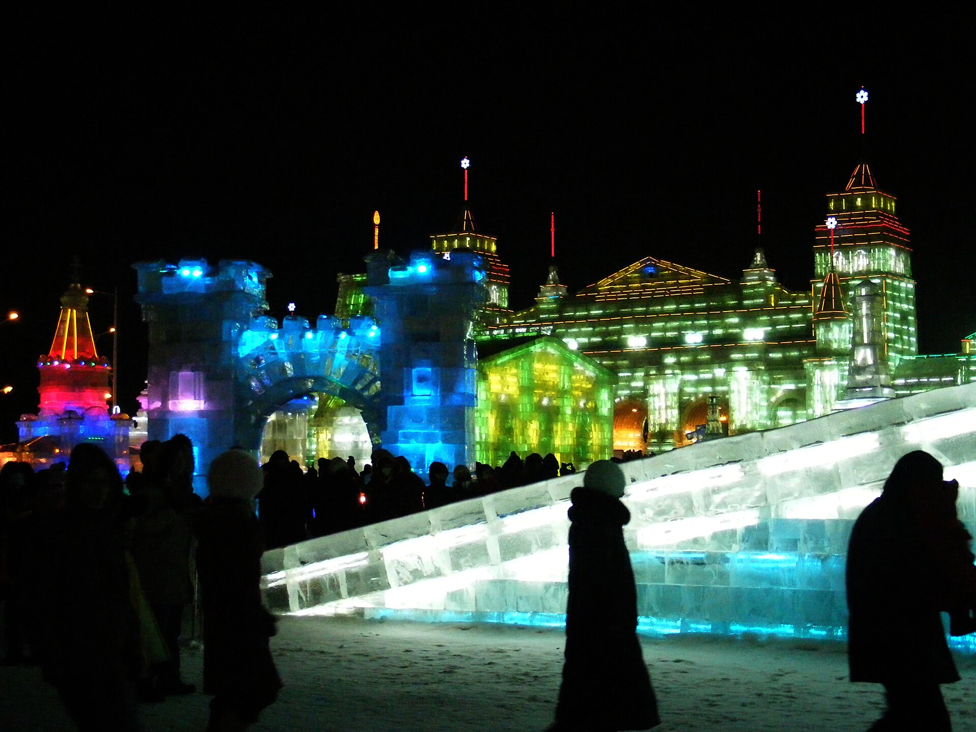 Visitors among illuminated ice structures at Harbin Ice and Snow World on January 27, 2009.